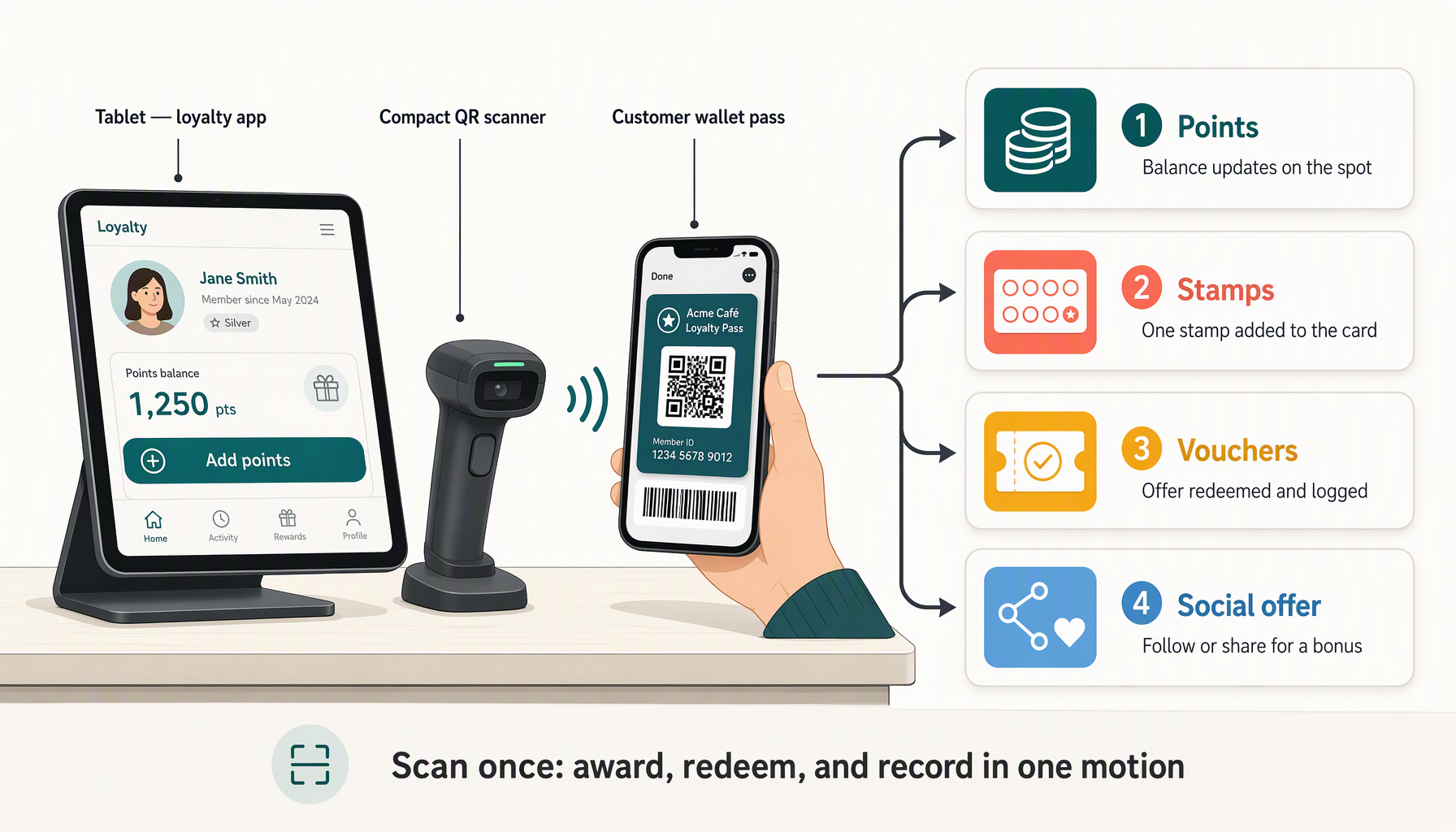 Standalone tablet and QR scanner setup for awarding loyalty points and redeeming offers