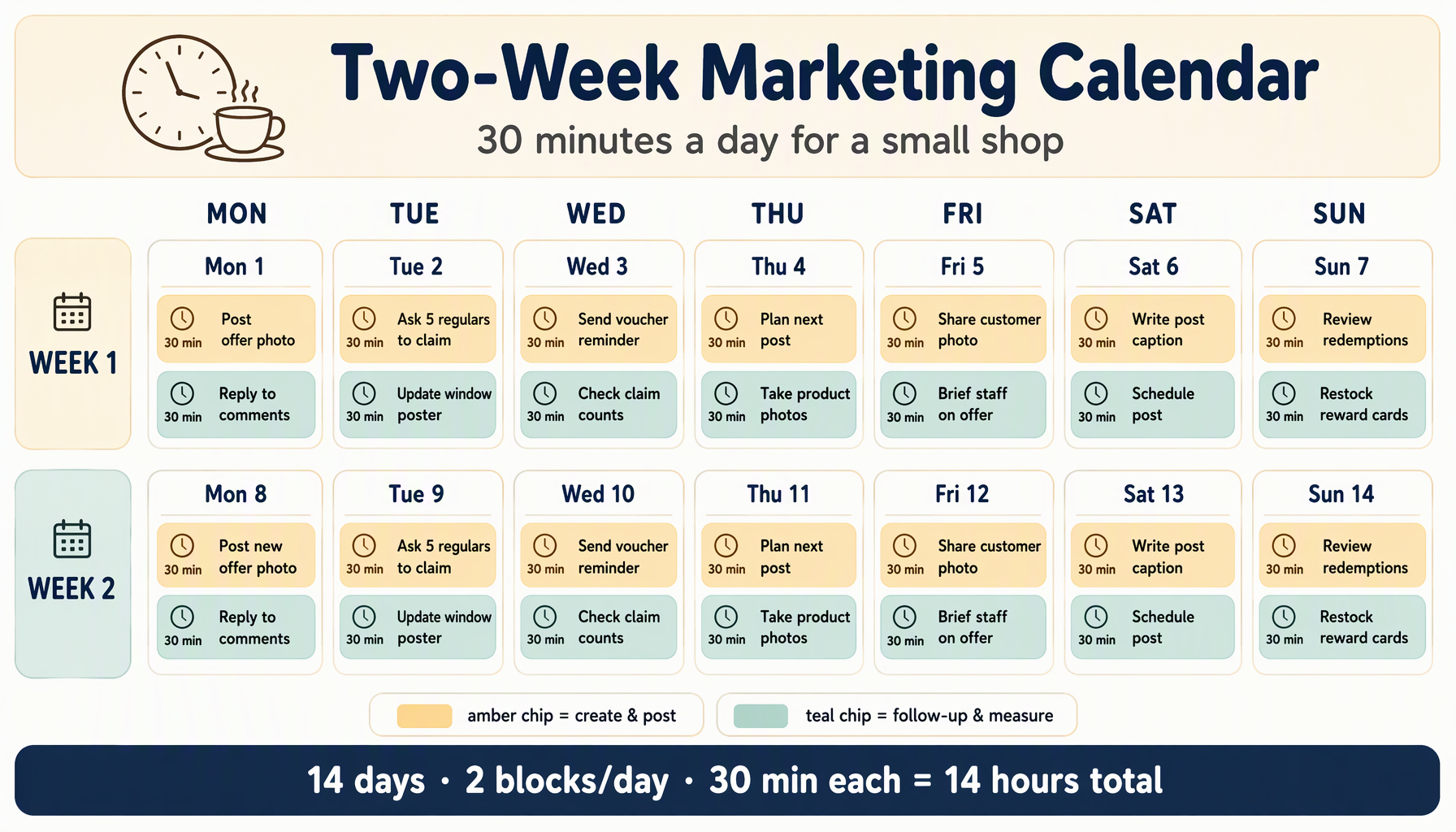 Two-week marketing calendar showing thirty-minute daily tasks for a small shop